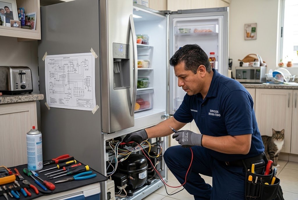 Técnico en refrigeración revisando la parte baja de una nevera en la cocina de una vivienda